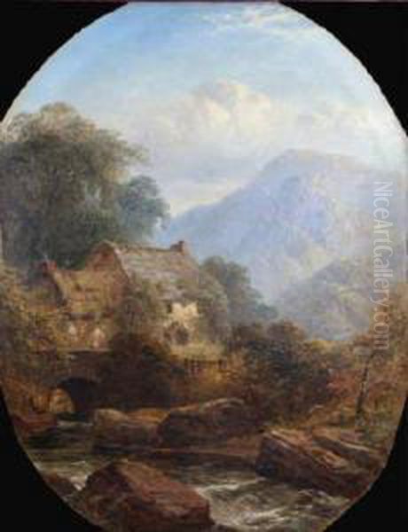 A View In Borrowdale With A Woman On A Bridge By A Cottage Oil Painting by George Blackie Sticks