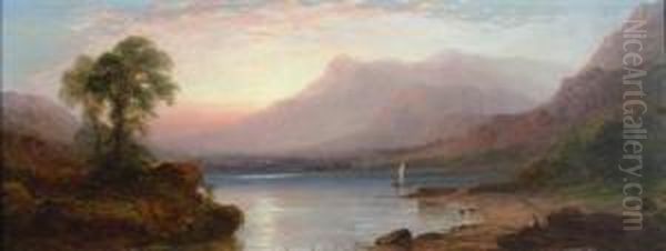 A Sublime Landscape With A Loch Oil Painting by George Blackie Sticks