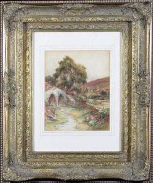 A Northern Landscape With A Stone Bridge In The Foreground Oil Painting by Harry James Sticks