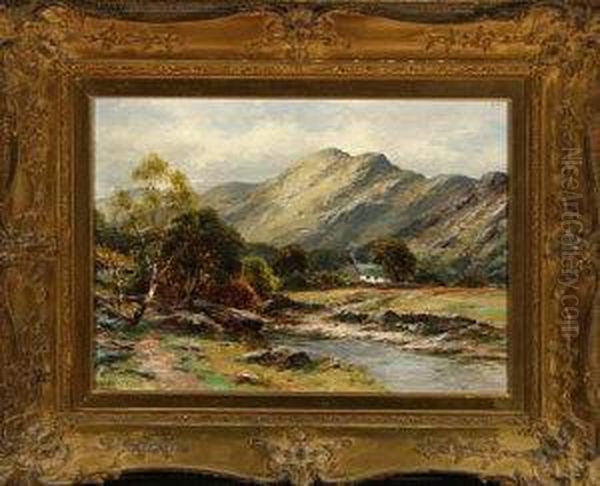 A Lakeland Landscape With Stream And Cottage Oil Painting by Harry James Sticks