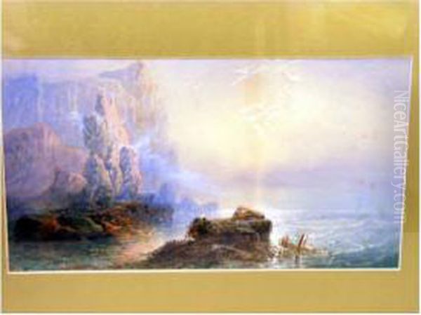 Coastal View With Rocky Cliffs And Seagulls Oil Painting by Harry James Sticks