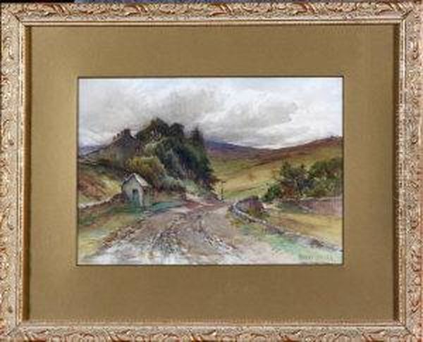 A View In The Lake District With A Road Running Near A Terrace Of Houses Oil Painting by Harry James Sticks