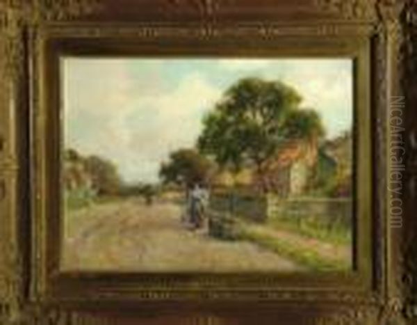 A Northumbrian Village Street Scene With A Woman Collecting Water From A Spring Oil Painting by Harry James Sticks