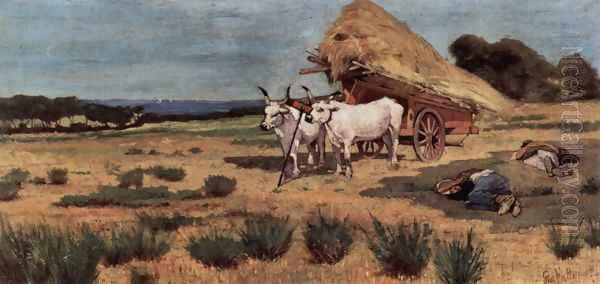 Break in Maremma with farmers and oxen driving Oil Painting by Giovanni Fattori