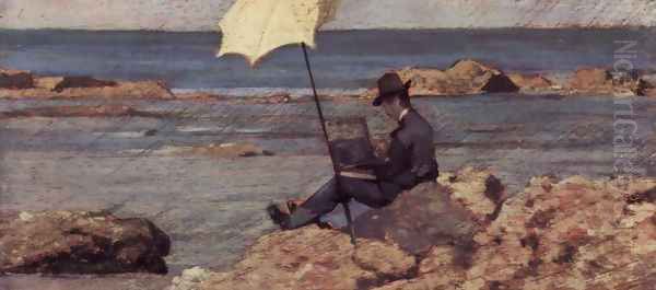 Silvestro Lega, in Riva al Mare malend Oil Painting by Giovanni Fattori