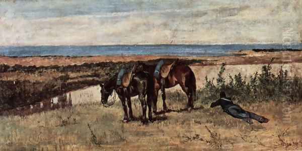 A soldier with two horses on the shore of the sea Oil Painting by Giovanni Fattori