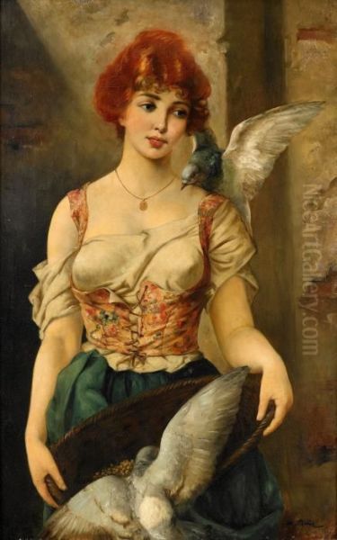 Kvinna Med Duvor Oil Painting by Moritz Stifter