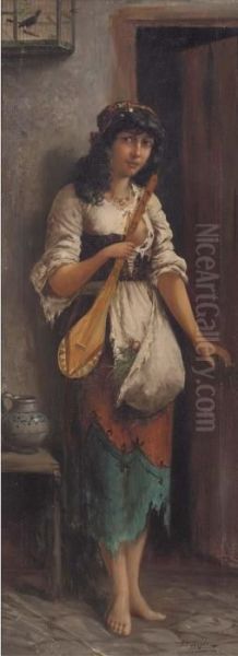 An Italian Street Musician Oil Painting by Moritz Stifter