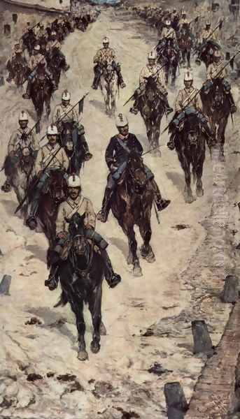 Cavalry Corps on a village street Oil Painting by Giovanni Fattori