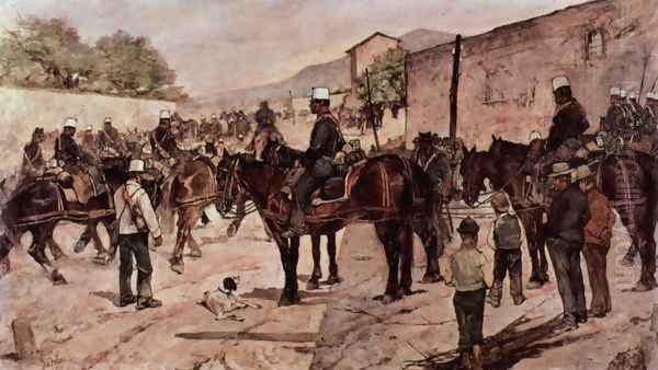 Artillery Corps riding on a village road Oil Painting by Giovanni Fattori