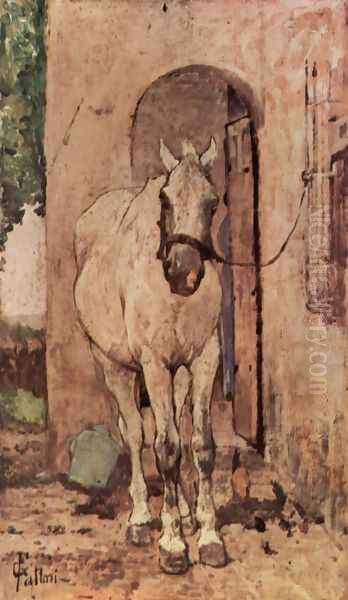 A white horse in front of a door Oil Painting by Giovanni Fattori