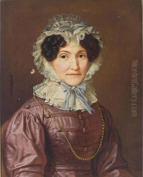 A Portrait Of A Lady Seated, 
Half Length, Wearing A Purple Dress With A White Lace Collar And A Gold 
Necklace, And A White Lace Hat Oil Painting by Franz Seraph Stirnbrand