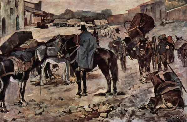 Village street with farmers, mules and dealers Oil Painting by Giovanni Fattori