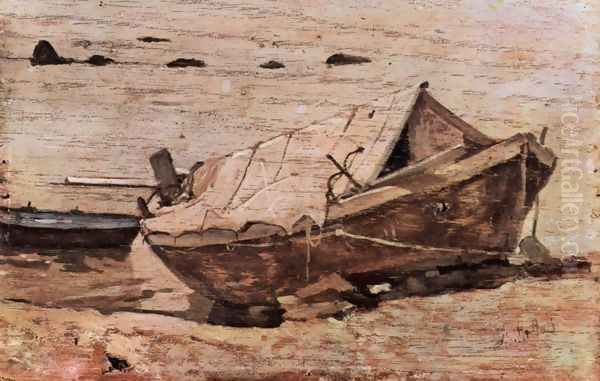 Beach with a small boat Oil Painting by Giovanni Fattori