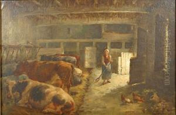 Boerin En Vee In De Stal. Oil Painting by Jan Baptiste, Jan Stobbaerts