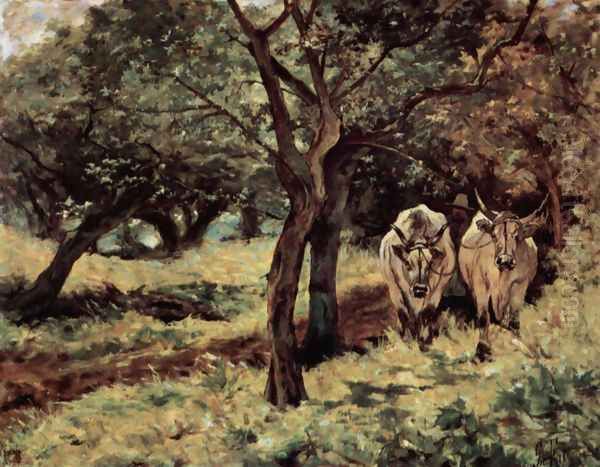 Two oxen in the olive grove Oil Painting by Giovanni Fattori