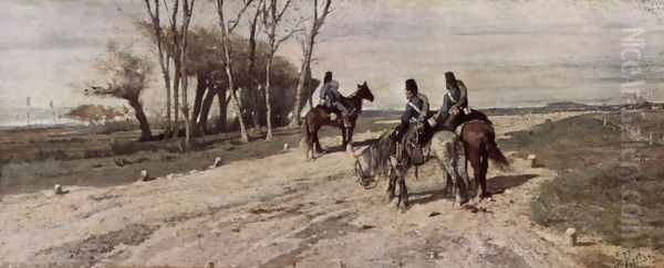 Three cavalrymen on a street Oil Painting by Giovanni Fattori