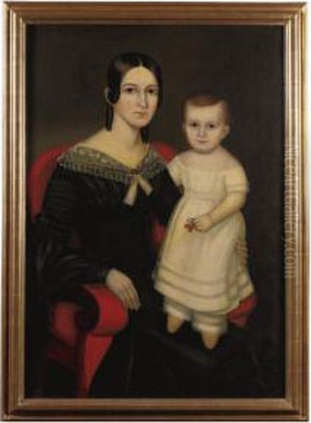 Portrait Of A Young Mother With A Little Girl Standing In Lapwearing Yellow Slippers Oil Painting by Joseph Whiting Stock