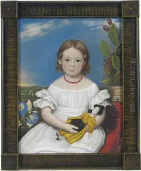 Portrait Of Brown-haired Little 
Girl Holding Doll In Yellow Dress Cactus And Morning Glories In The 
Background Oil Painting by Joseph Whiting Stock