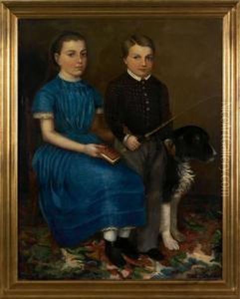 Portrait Of A Young Girl And Boy With Their Dog Oil Painting by Joseph Whiting Stock