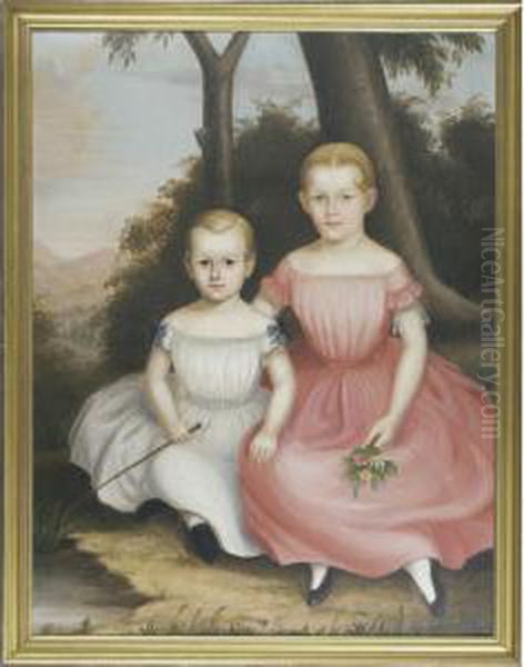 Double Portrait Of A Young Boy With Whip And His Sister With Bouquet Of Flowers Oil Painting by Joseph Whiting Stock