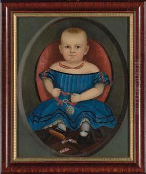 A Portrait Of A Child Wearing A 
Double-strand Coral And Gold Necklace, Blue Dress Decorated With Coral 
And Gold Strands, And Patent Leather Shoes, And Holding A Silver Rattle 
With Teething Ring And A Broken Candy Cane Oil Painting by Joseph Whiting Stock