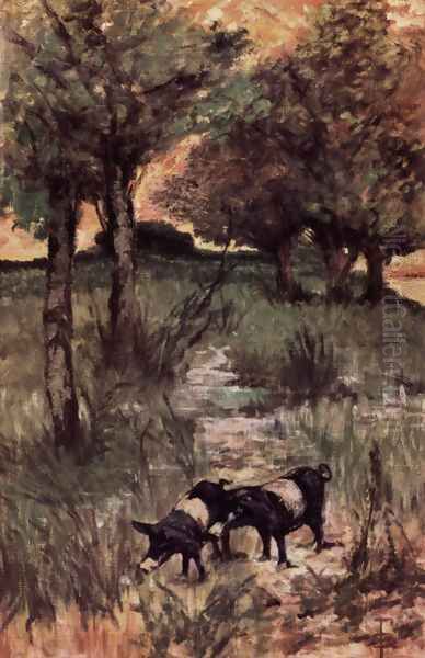 Two pigs on pasture Oil Painting by Giovanni Fattori