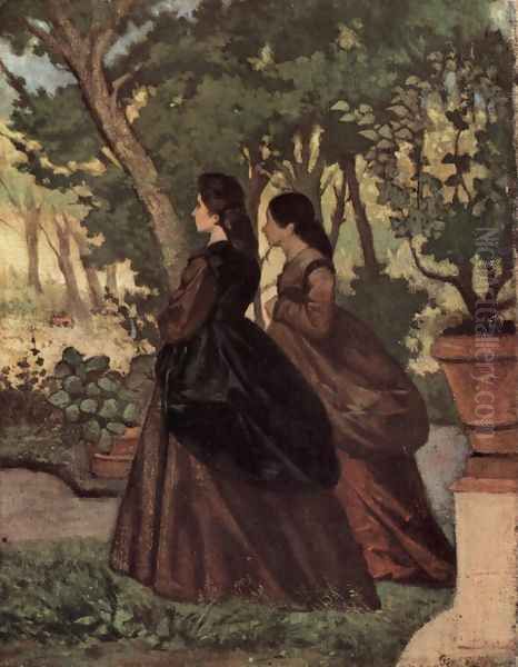 Two women in the garden of Castiglioncello Oil Painting by Giovanni Fattori