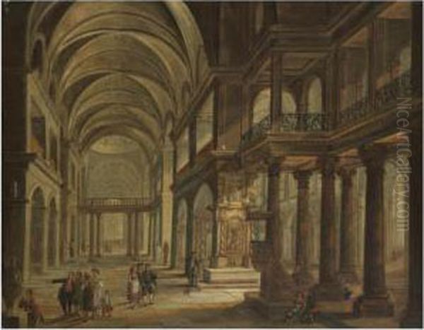 Church Interior With Figures Conversing And Praying Oil Painting by Christian Stocklin