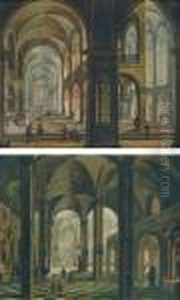 A Church Interior With Figures 
Praying And Conversing; And A Church Interior With Figures Praying At 
The Altar Of Saint Anthony Oil Painting by Christian Stocklin