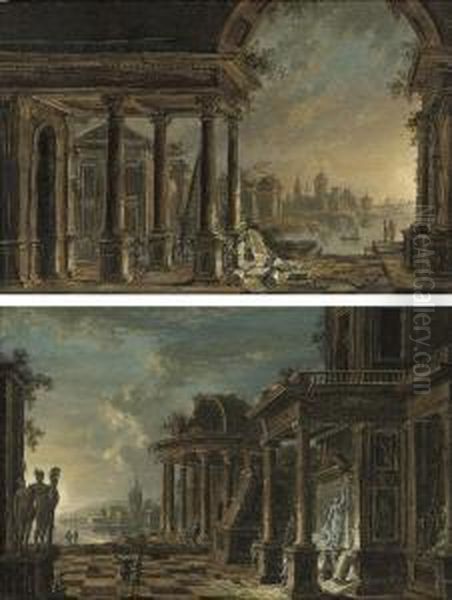 An Architectural Capriccio Of 
Classical Ruins With Travellers Beyond; And An Architectural Capriccio 
Of Classical Ruins With Elegant Figures In The Foreground, A River 
Beyond Oil Painting by Christian Stocklin