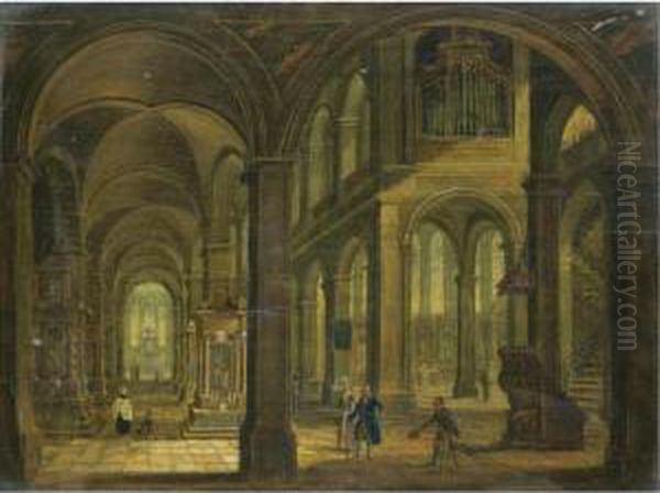 A Church Interior With Elegant Figures And Beggars Oil Painting by Christian Stocklin