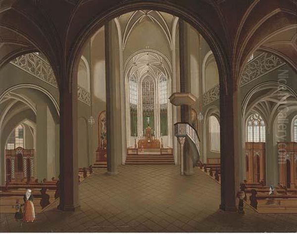 The Interior Of A Gothic Church With Figures By The Pews Oil Painting by Christian Stocklin