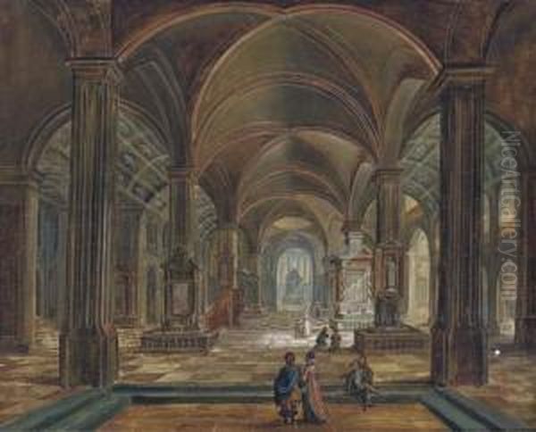 A Church Interior With An Elegant Couple In The Foreground Oil Painting by Christian Stocklin