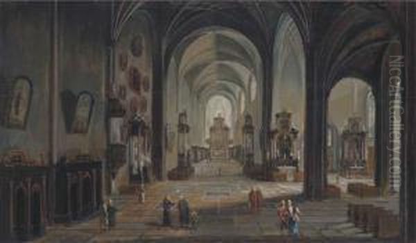 A Church Interior With Elegant Company Oil Painting by Christian Stocklin