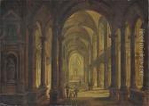 The Interior Of A Church At Night Oil Painting by Christian Stocklin