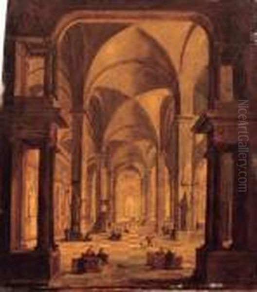 A View In A Gothic Church With Elegant Townsfolk Oil Painting by Christian Stocklin