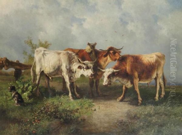 Cows In The Meadow Oil Painting by Ildephonse Stocquart