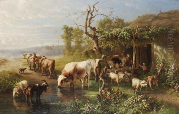 Landscape With Cow Herds And Flock Near The Water Oil Painting by Ildephonse Stocquart