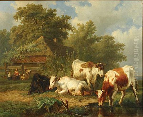 Moeder En Kind Aan De Hoeve Met Vee In Een Landschap. Oil Painting by Ildephonse Stocquart