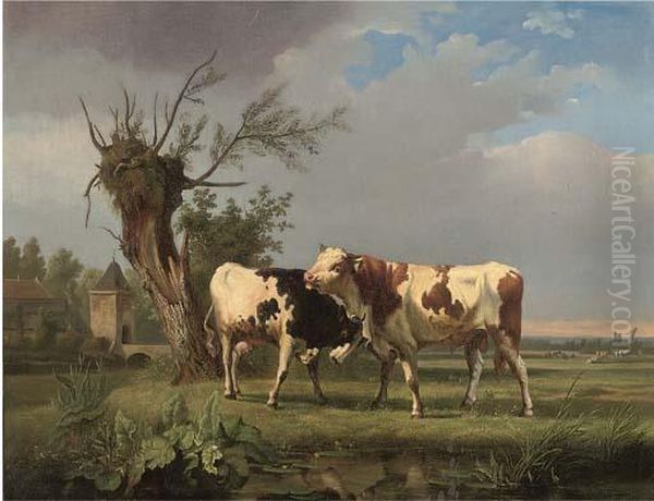 A Bull And Cow By A Pond Oil Painting by Ildephonse Stocquart