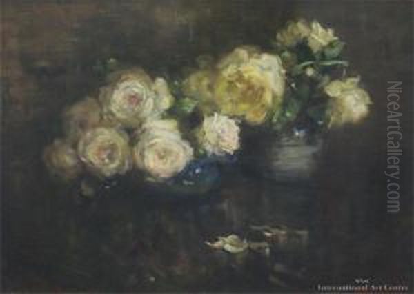 Cream Roses Oil Painting by Margaret Olrog Stoddart