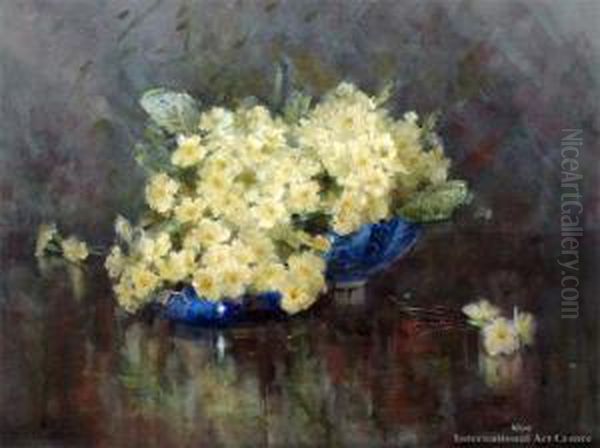 Primulas In A Blue Bowl Oil Painting by Margaret Olrog Stoddart