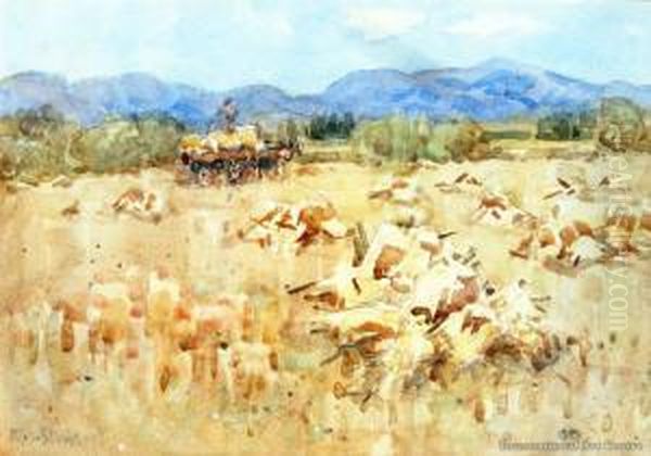 Oat Harvest, Rydal Downs, North Canterbury Oil Painting by Margaret Olrog Stoddart