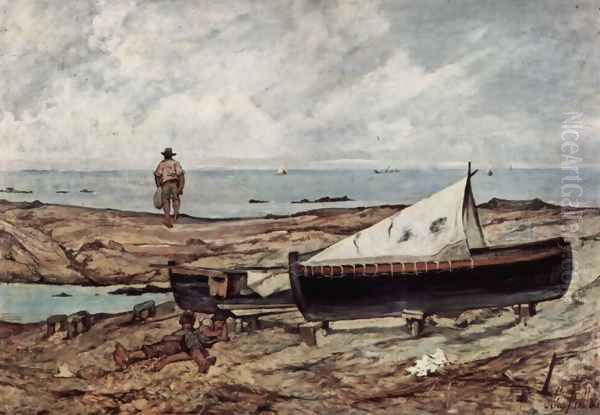 The gray day (beach with fishermen and boats) Oil Painting by Giovanni Fattori