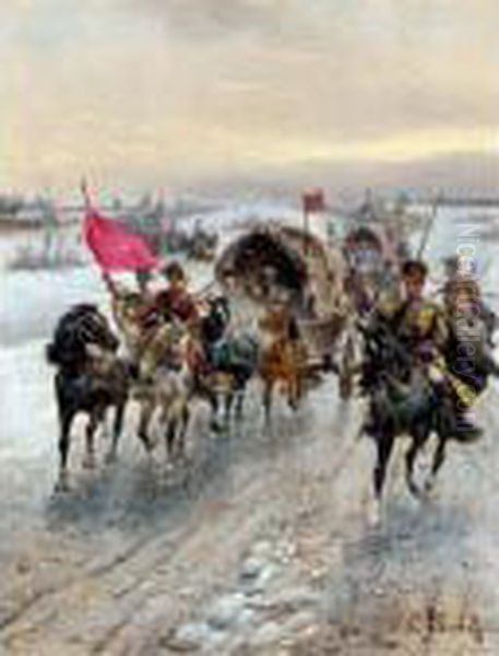 Advancing Cossack Convoy Oil Painting by Konstantin Stoilov