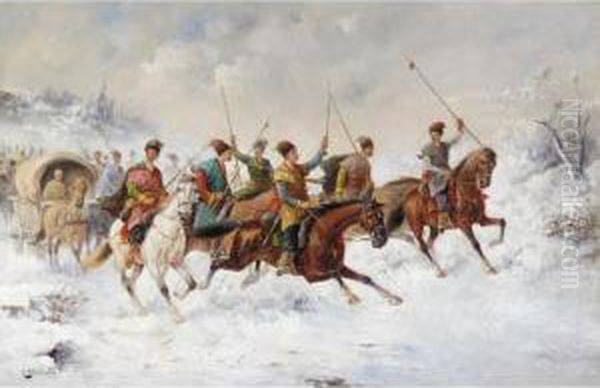 Cossack Cavalry Charge Through Snow Oil Painting by Konstantin Stoilov