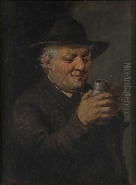 A Refreshing Drink And Peasant Smoking Oil Painting by Carl Siegfried Stoitzner