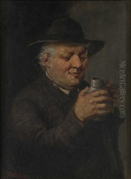 A Refreshing Drink, And Peasant Smoking Oil Painting by Carl Siegfried Stoitzner