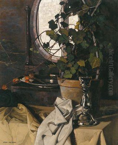 Stilleben Vor Mit Efeu Umranktem Fenster Oil Painting by Josef Stoitzner